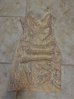 Papaya Champagne Iridescent Sequin Spaghetti Strap Mini Dress